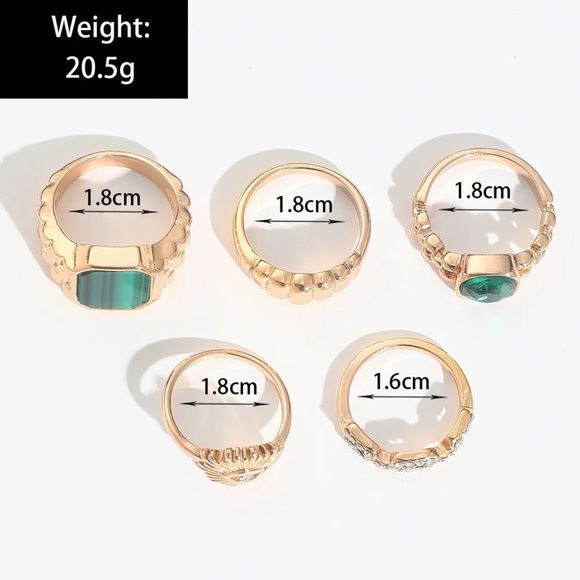 **XOEY* 5-Pc Gold x Green Gem Fashion Ring Set - Picture 6 of 7